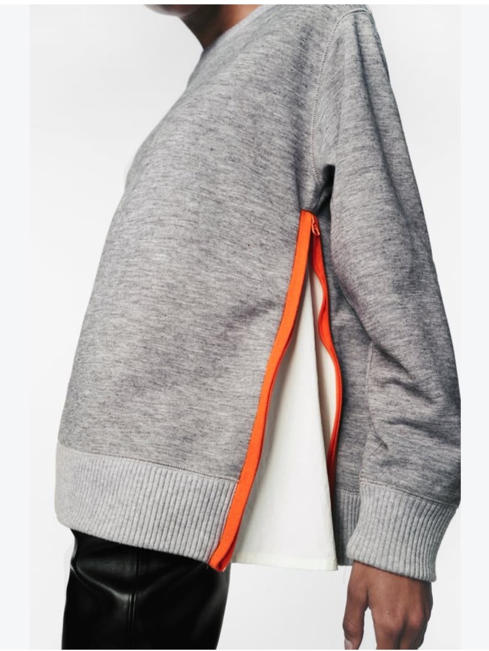 ZARA Gray Crewneck Sweater with Bright Orange Side Zip - Size M